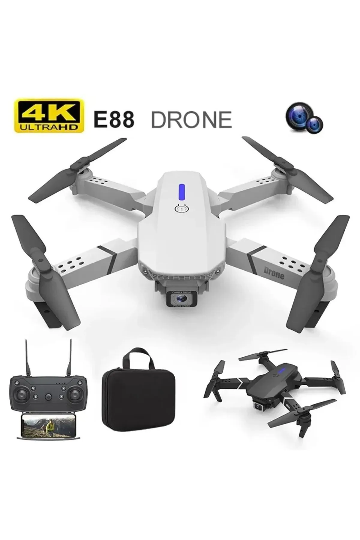 Bilişim Burada E88 DRONE 4K HD ÇİFT KAMERALI DRONE APP KONTROL WİFİ Lİ KATLANABİLİR QUATCOPTER X3 BATARYA